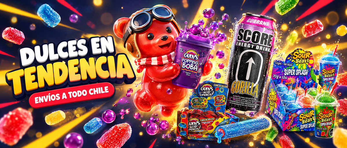 Dulces en tendencia por mayor con envíos a todo Chile - Ancestralito con Popping Boba, SCORE, Acid Pencil y Sour Beast